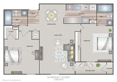 Floor plan for 2 beds, 2 baths, 1000 sqft